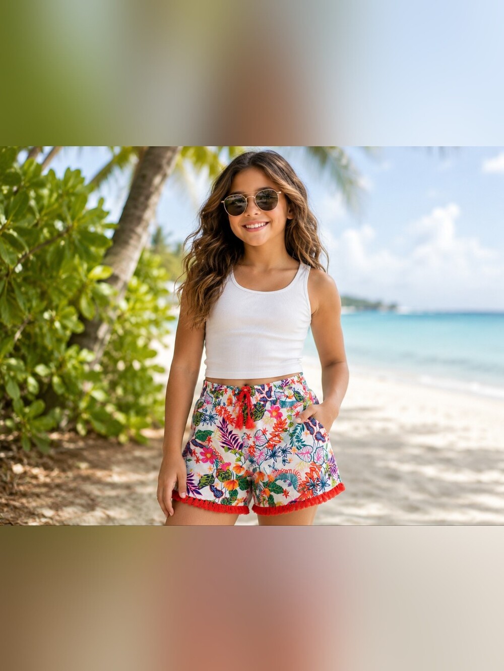 Wonder Nation Girls Tropical Floral Tassel Shorts Size Large 10/12 Pull-On